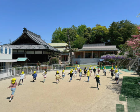 お寺が見える園庭で元気に走り回っている園児の様子